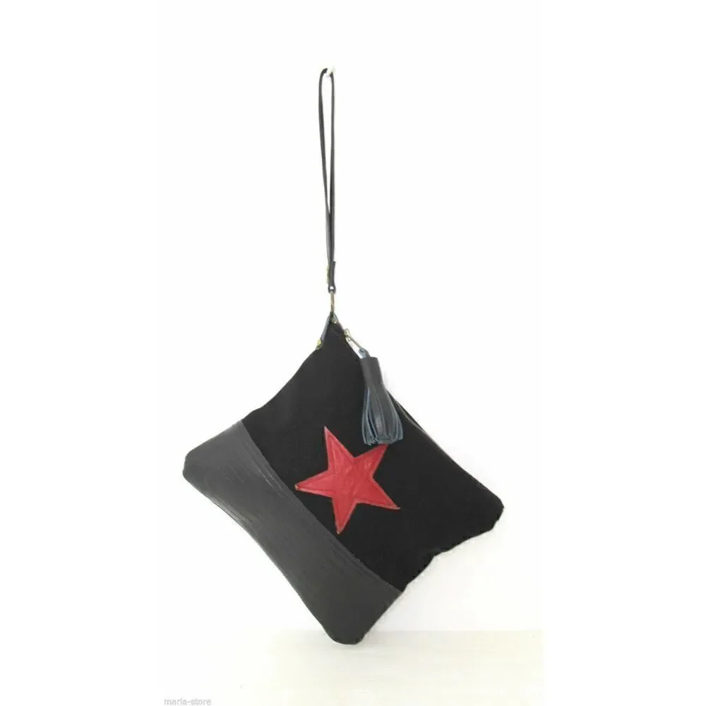 LARGE REBEL HANDMADE MURKA BLACK CANVAS RED STAR LEATHER WRISTLET CLUTCH HANDBAG
